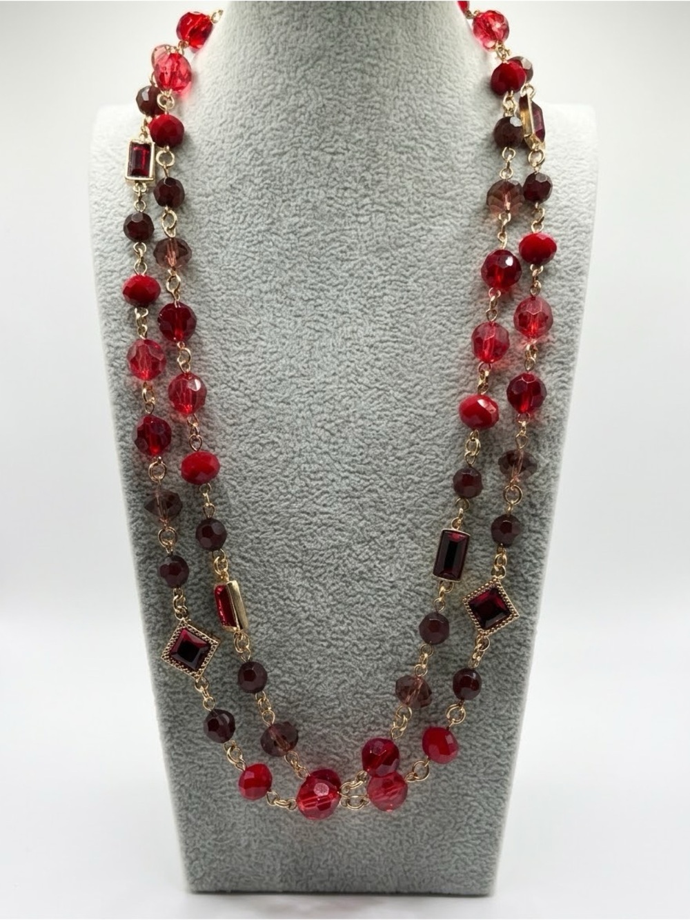 Red Faceted Crystal & Rhinestone Station Long Necklace | Gold Tone